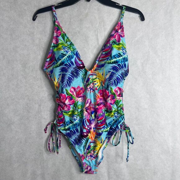 Stylish Swimwear Triangle Top Tie Side Tropical Pattern Deep V Swimsuit Sz LG - Picture 10 of 10